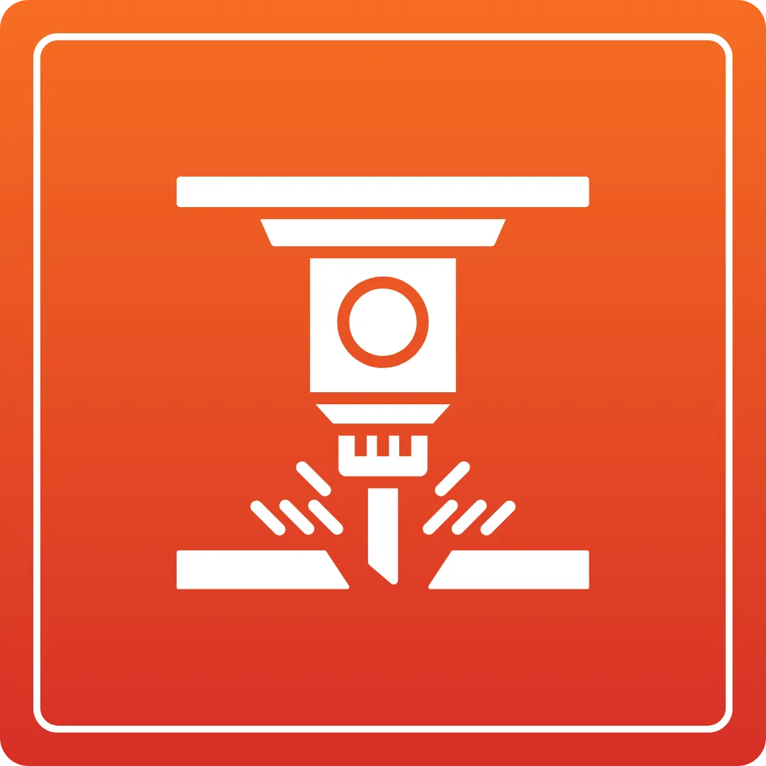 Laser cutting icon for Home page, showing precision cutting with sparks on an orange background. | Duct Duct Goose