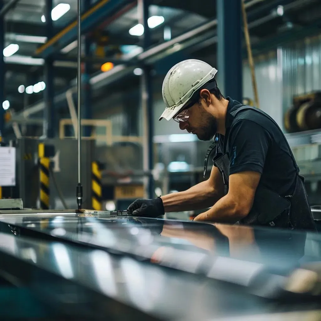 Worker in hard hat and gloves fabricating custom sheet metal in a workshop, enhancing HVAC systems in Port Coquitlam.