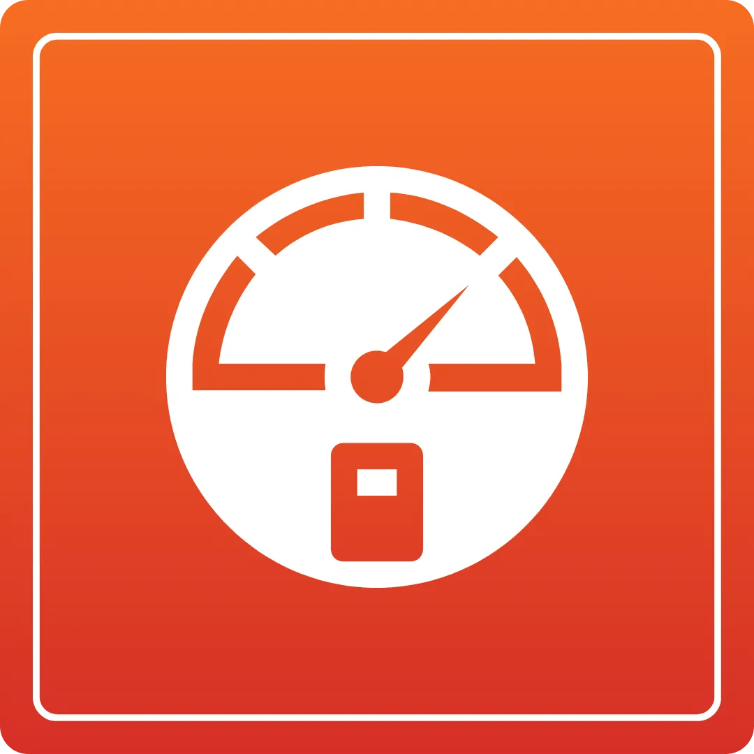 Home: White fuel gauge icon on orange background. Represents energy efficiency and fuel consumption for Duct Duct Goose HVAC services | Duct Duct Goose