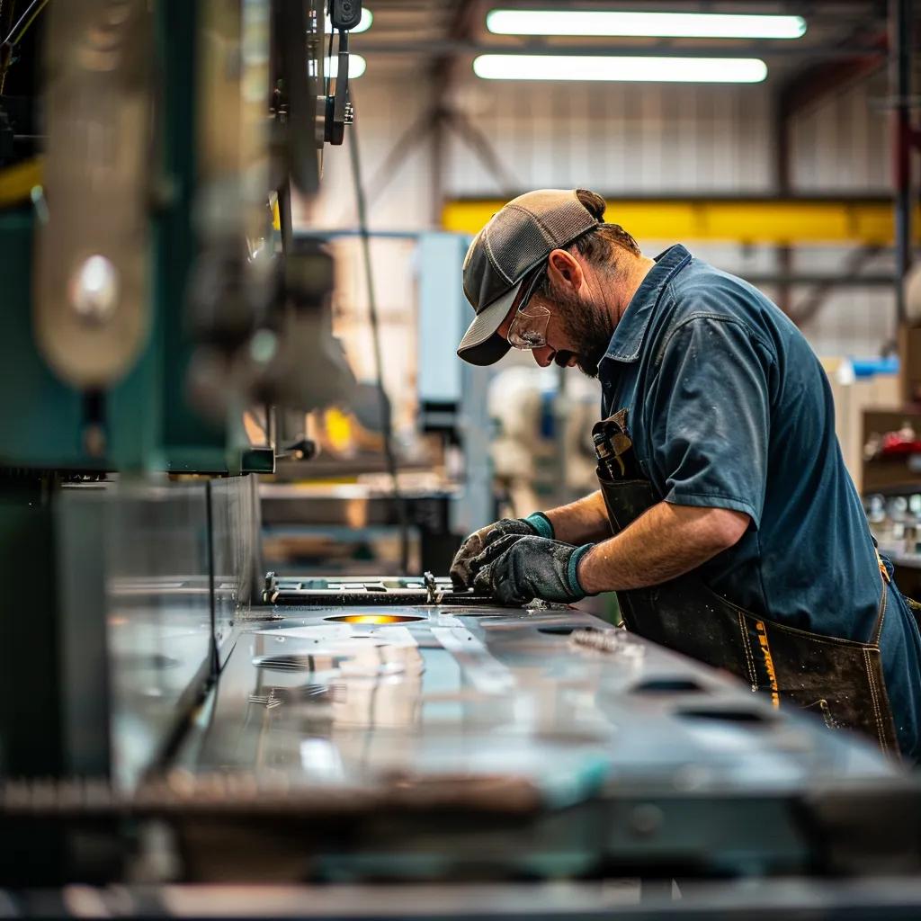 Ductwork fabricator inspecting metal sheet on machinery. Precision HVAC duct fabrication by skilled worker | Duct Duct Goose