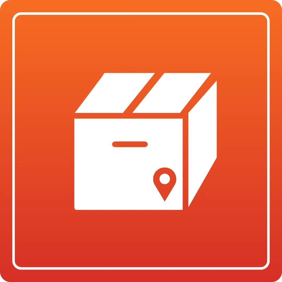 Home delivery box icon with location pin on orange background. Track your package to your Home address with ease | Duct Duct Goose