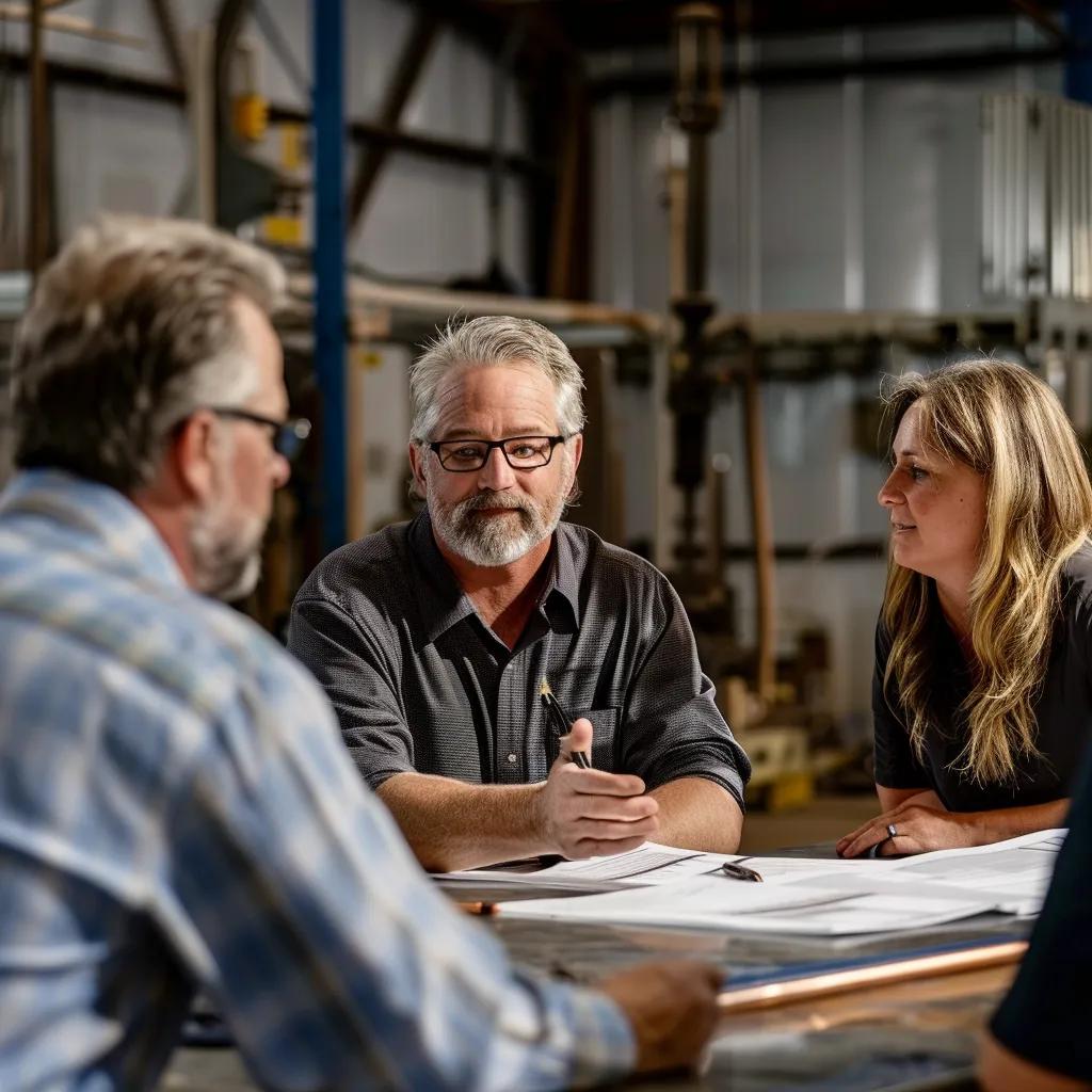 Local fabricator discussing project plans with clients in a community-oriented setting