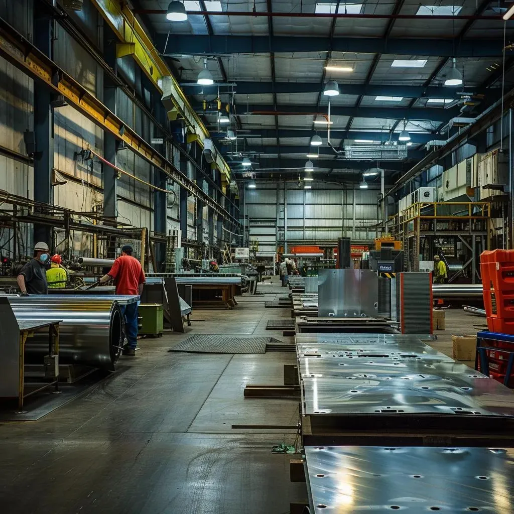 Sheet metal fabrication workshop with workers, showcasing precision-crafted metal sheets and equipment, emphasizing custom solutions for HVAC systems in Port Coquitlam.