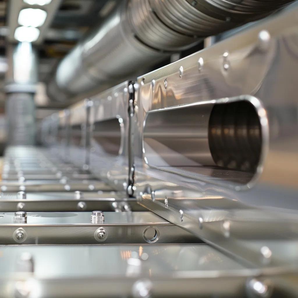 Close-up of precision-fitted ductwork assembly in HVAC sheet metal fabrication