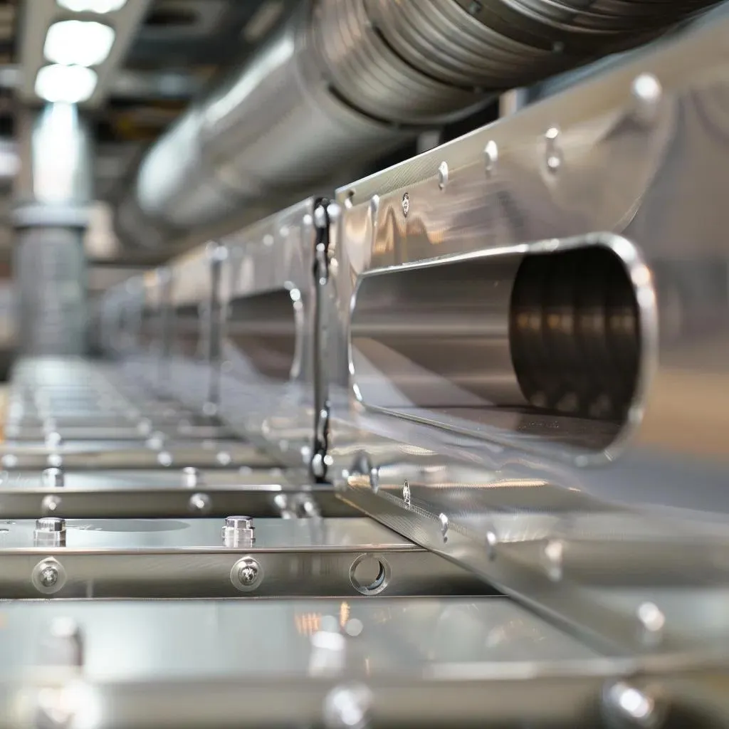 Close-up of precision-fitted ductwork assembly in HVAC sheet metal fabrication