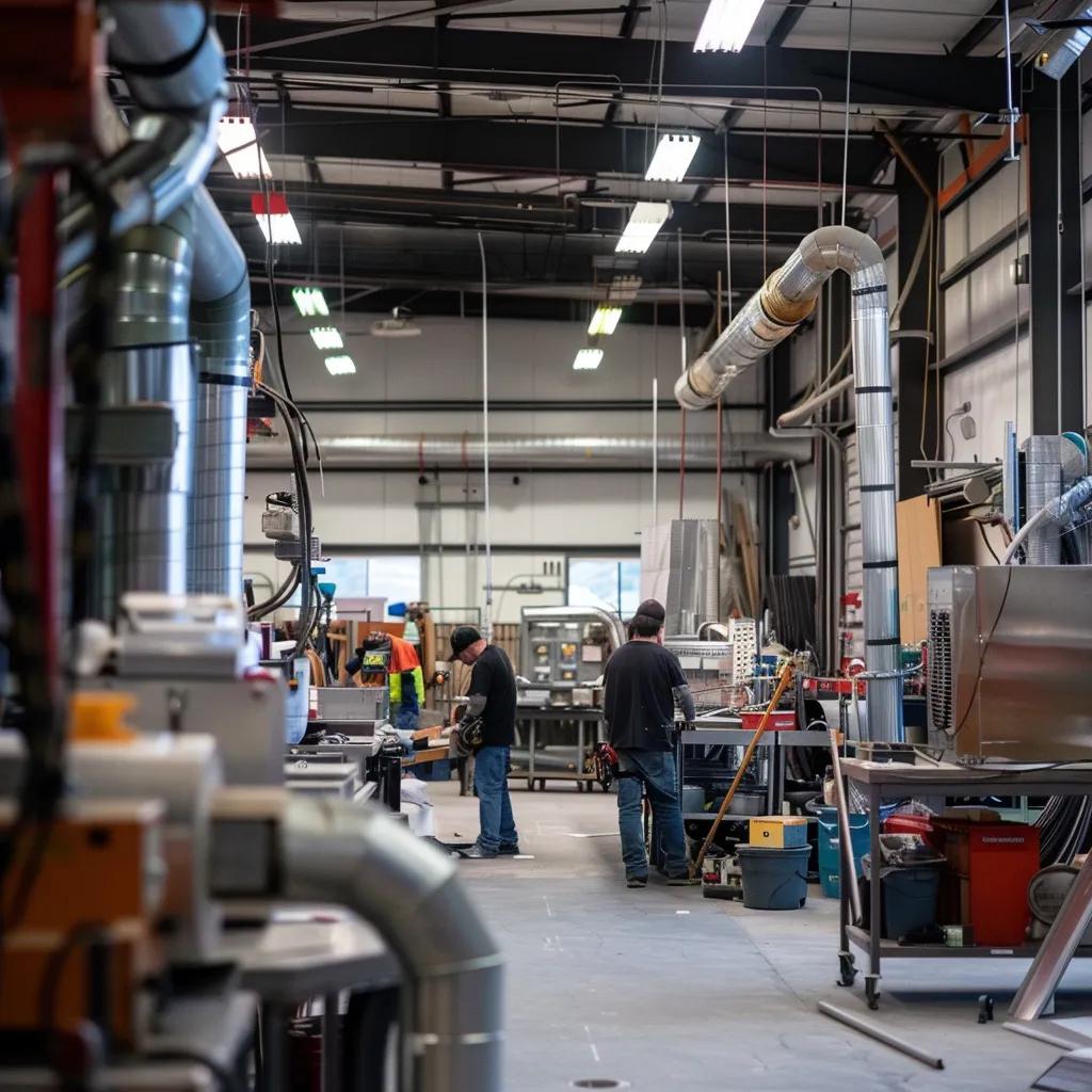 Local sheet metal fabrication shop in Pitt Meadows with workers collaborating on HVAC projects