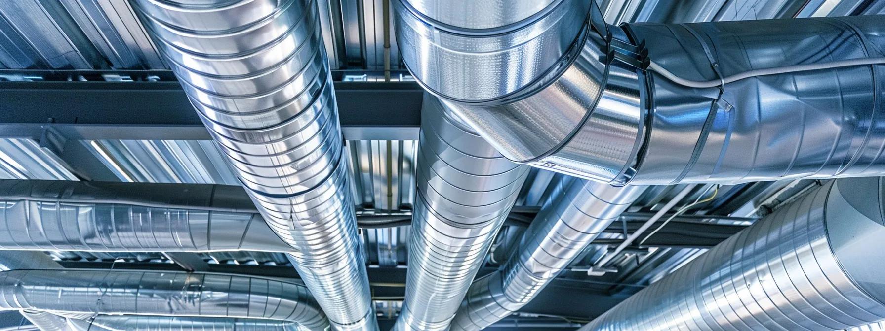 Metal ductwork in a commercial HVAC system, showcasing custom sheet metal fabrication for efficient air distribution and energy savings in Pitt Meadows.