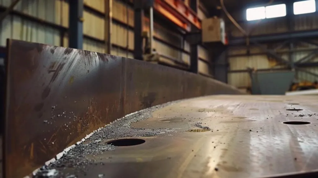 Close-up of sheet metal with visible machining marks and metal shavings in a fabrication workshop, highlighting custom fabrication processes for HVAC systems.