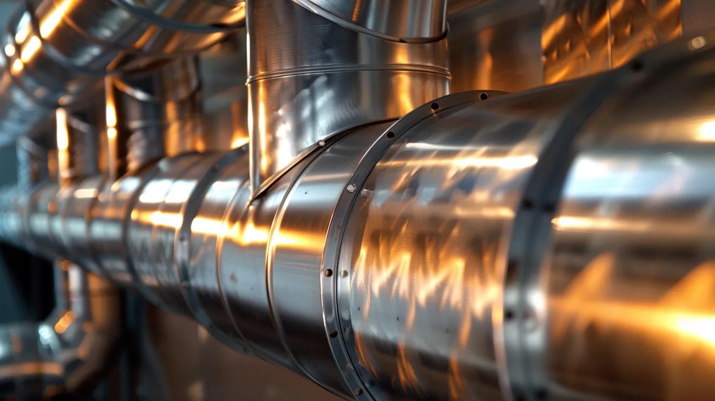 Shiny metal HVAC ductwork showcasing precision sheet metal fabrication for commercial use in Port Coquitlam.