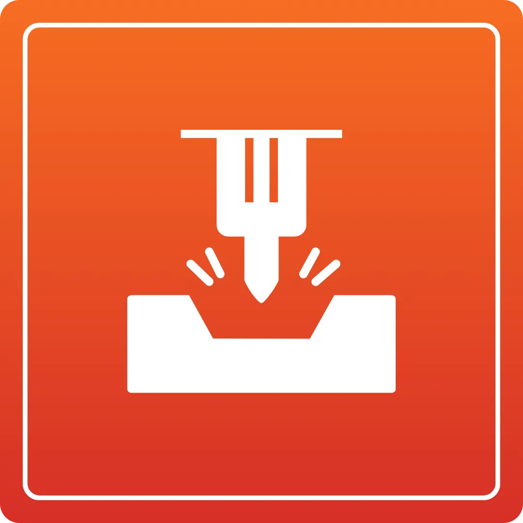 Icon for Cutting & Bending services, depicting a machine cutting into a material, white on orange background | Duct Duct Goose
