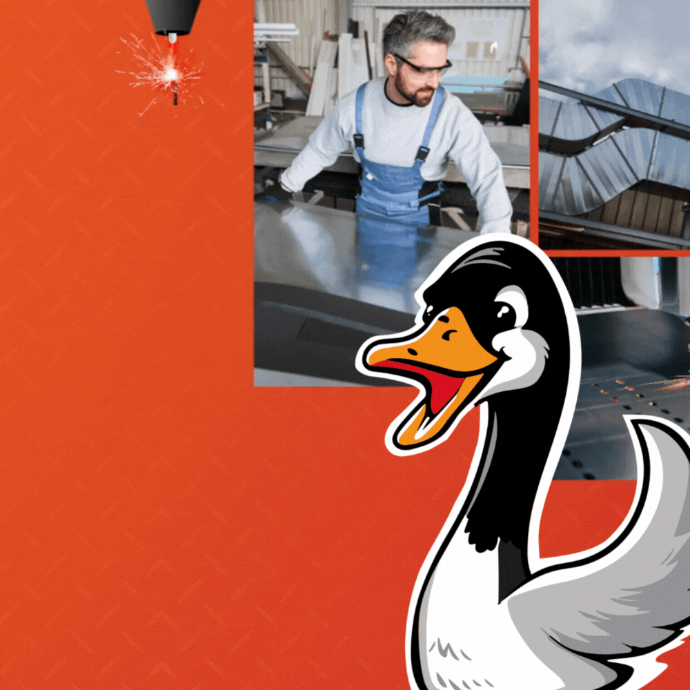 Animated graphic featuring a smiling cartoon duck representing Duct Duct Goose alongside an image of a man in safety glasses working with sheet metal, symbolizing precision and craftsmanship in HVAC fabrication.