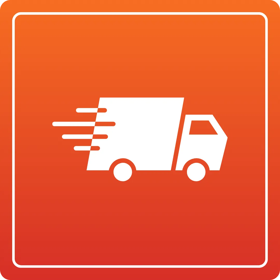 Fast delivery truck icon for Cutting & Bending services, orange background, white vehicle moving quickly | Duct Duct Goose