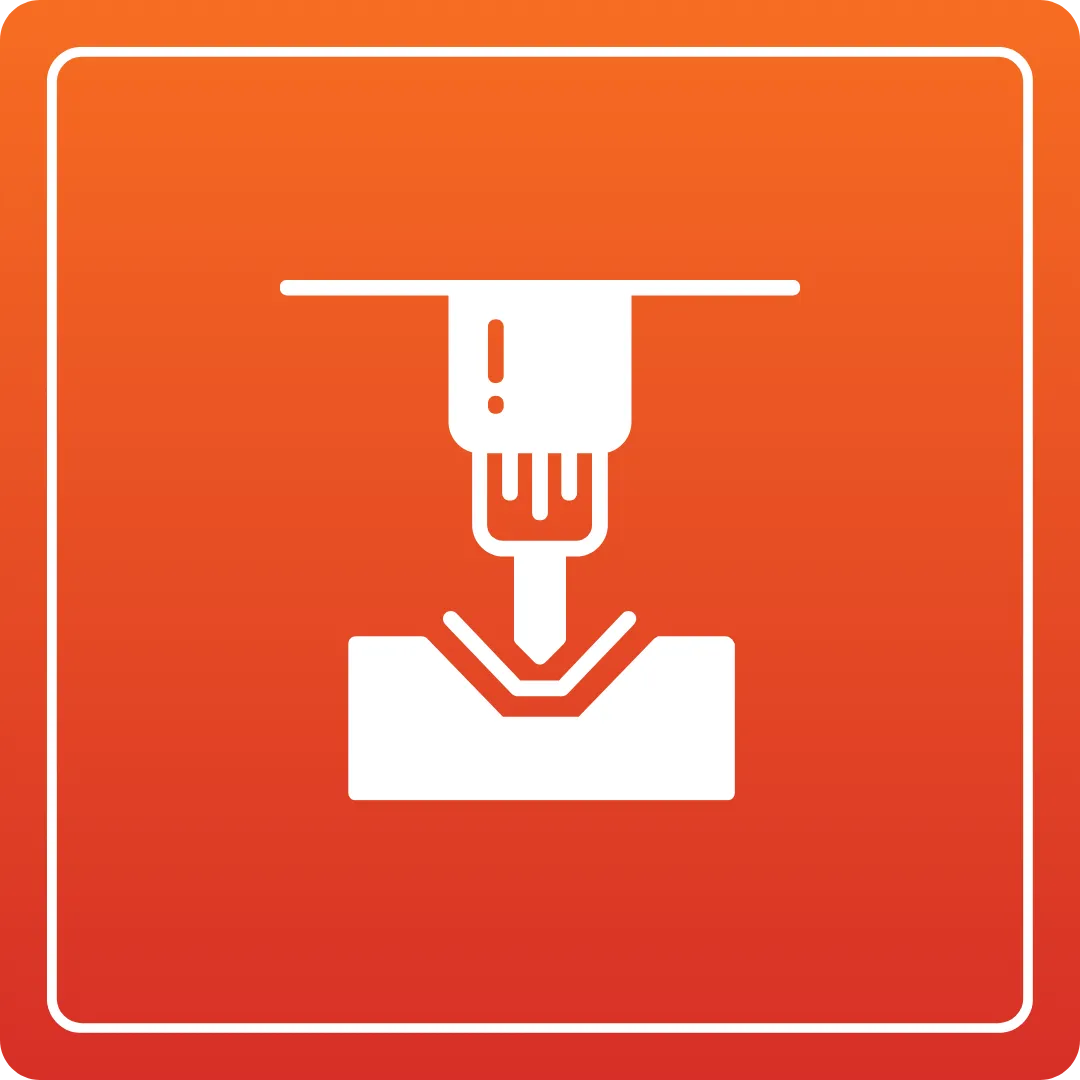 Icon of Cutting & Bending process, depicting a machine bending metal on an orange background, symbolizing precision | Duct Duct Goose