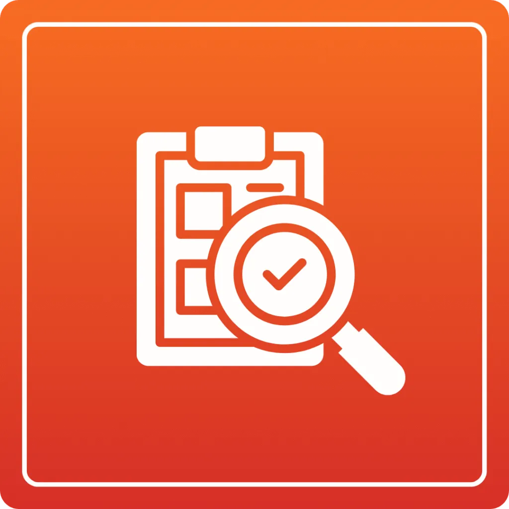 Project consultation checklist with magnifying glass icon, symbolizing quality review and assessment in commercial sheet metal fabrication for HVAC and industrial projects.