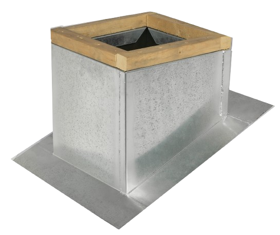 Galvanized steel roof curb with wooden frame, designed for HVAC unit installation, providing moisture protection and stability in industrial settings.