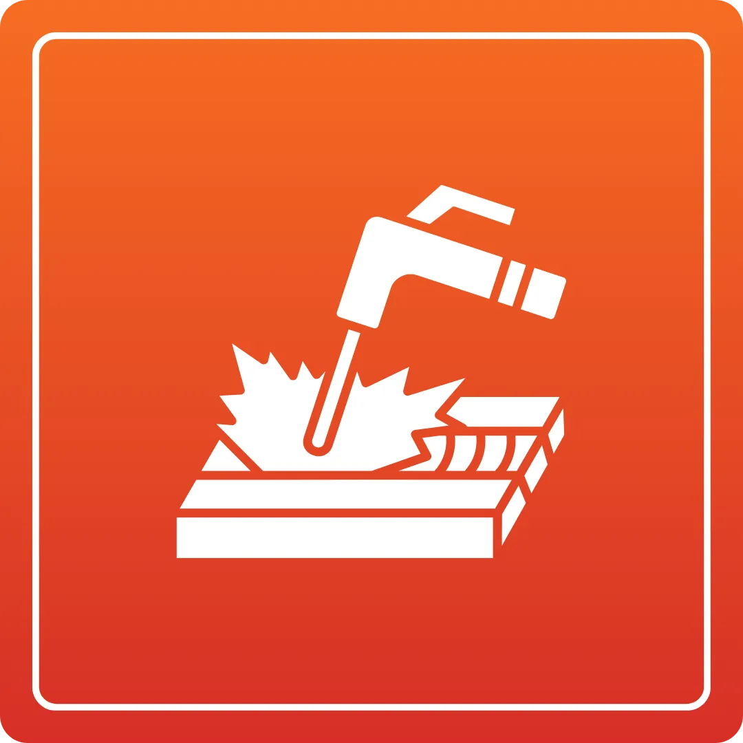 Welding and Assembly icon showing a welding torch joining materials, orange background | Duct Duct Goose
