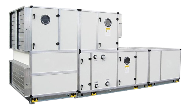 Custom HVAC air handler unit designed for efficient airflow and integration into Maple Ridge systems, featuring multiple compartments and access panels.