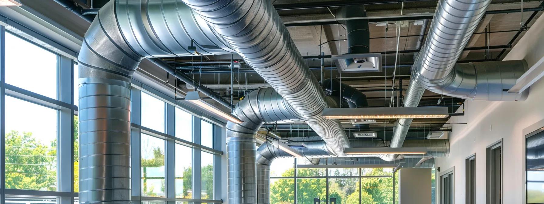 Custom sheet metal ductwork installed in a modern commercial space, showcasing precision-engineered components designed for optimal airflow and energy efficiency.