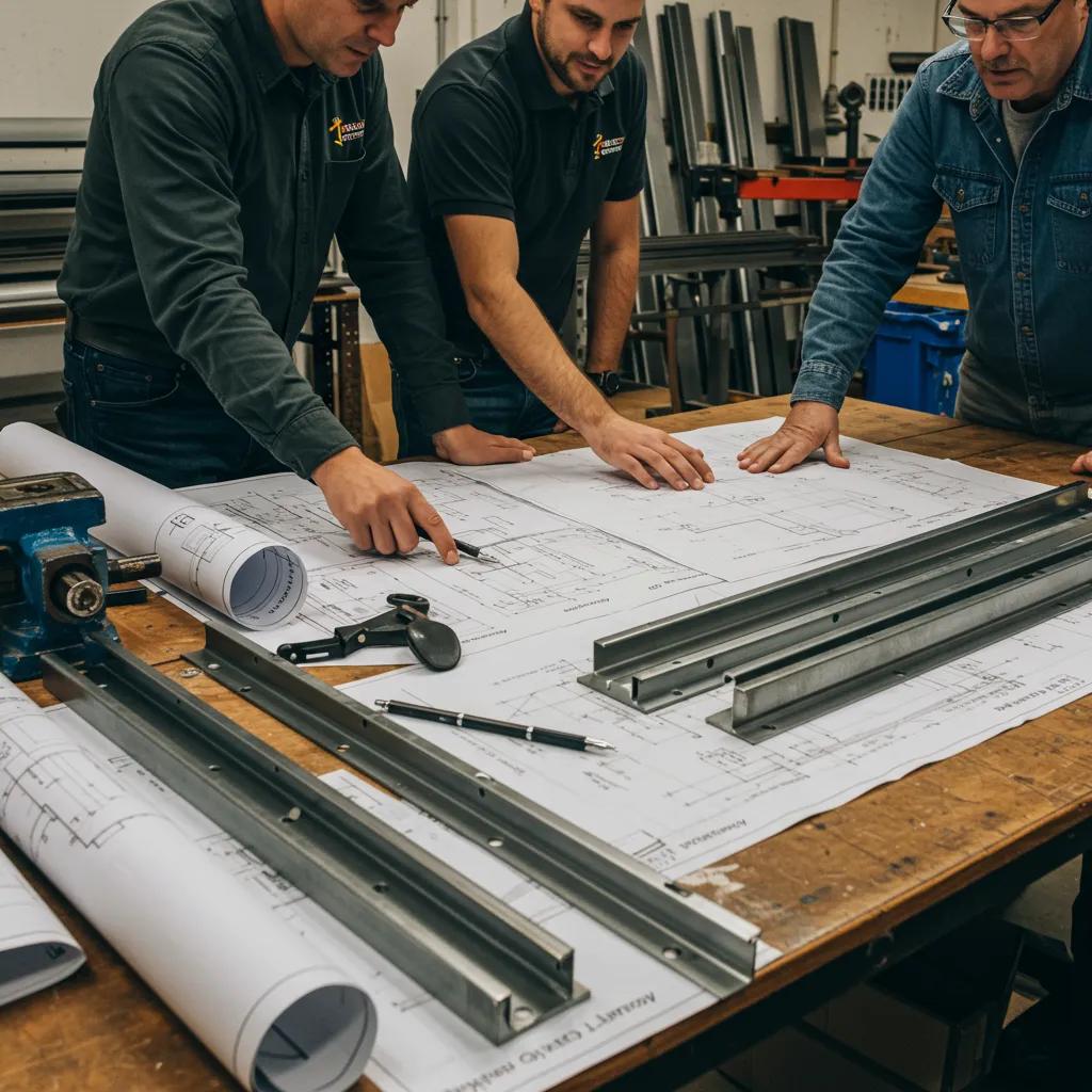 Local sheet metal fabricators collaborating closely on a project, reviewing blueprints and materials