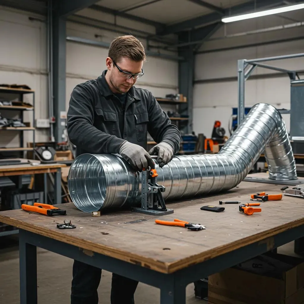 Technician fabricating custom sheet metal ductwork for HVAC systems in a workshop, surrounded by tools and materials for efficient HVAC solutions in Port Coquitlam.