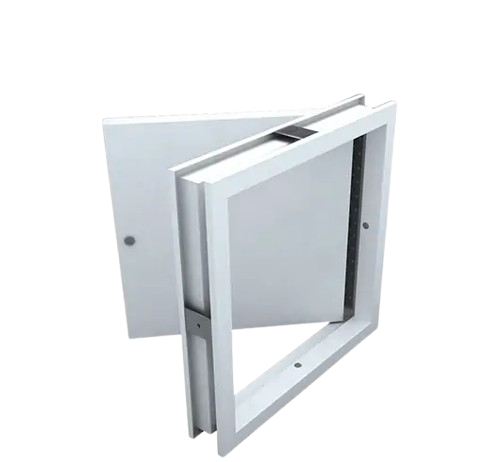 Access panel for filter and damper maintenance. Air controls shown with white frame and hinged door for easy access and servicing of systems.
