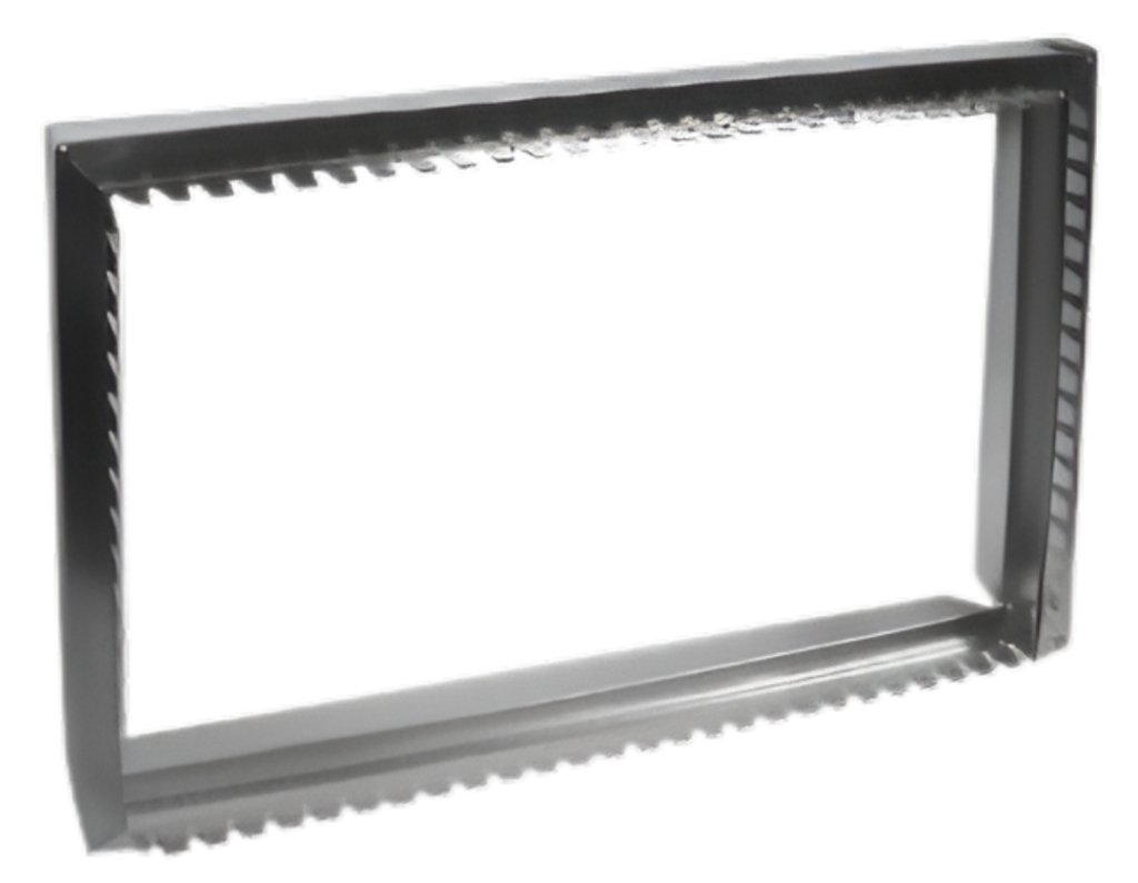 Close-up of metal filter racks and frames, essential for air controls and filter box systems. Quality air filtration parts in British Columbia.