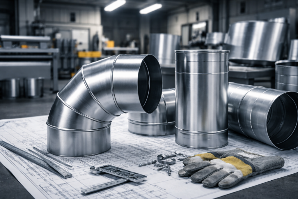 Custom sheet metal HVAC ductwork components, including an elbow joint and cylindrical sections, on a blueprint background with measuring tools and gloves, in a fabrication workshop setting.