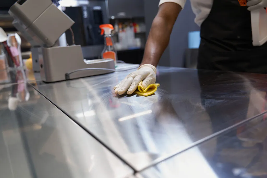 A person wearing gloves wipes down shiny stainless steel commercial kitchen countertops with a yellow cloth in the workspace