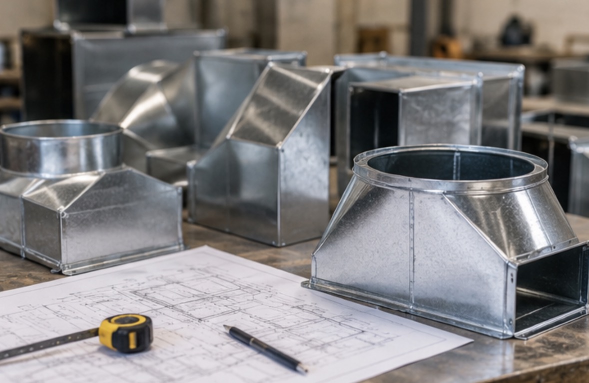 Assorted galvanized ductwork fittings on a workbench with HVAC blueprints and a tape measure, highlighting quality behind a ductwork quote.
