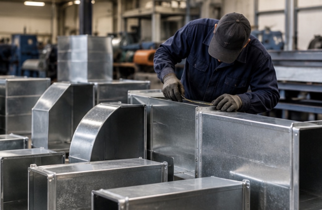 Worker in a cap and gloves carefully inspecting galvanized ductwork sections in a workshop, checking quality beyond a cheap ductwork quote.