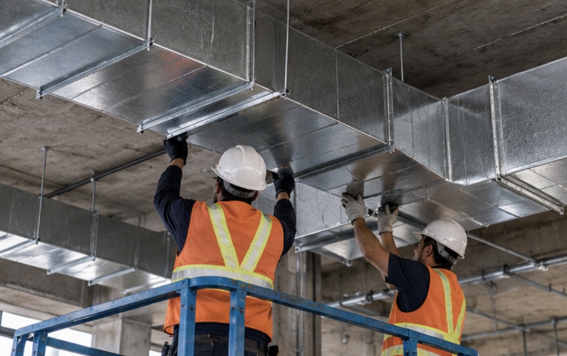 Two ductwork installers in hard hats assembling shiny metal ductwork on a scissor lift, showing quality installation behind a ductwork quote.