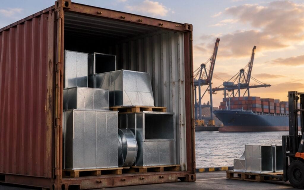 Metal ductwork sections stacked inside a shipping container at a dock, illustrating ductwork quotes and material quality.